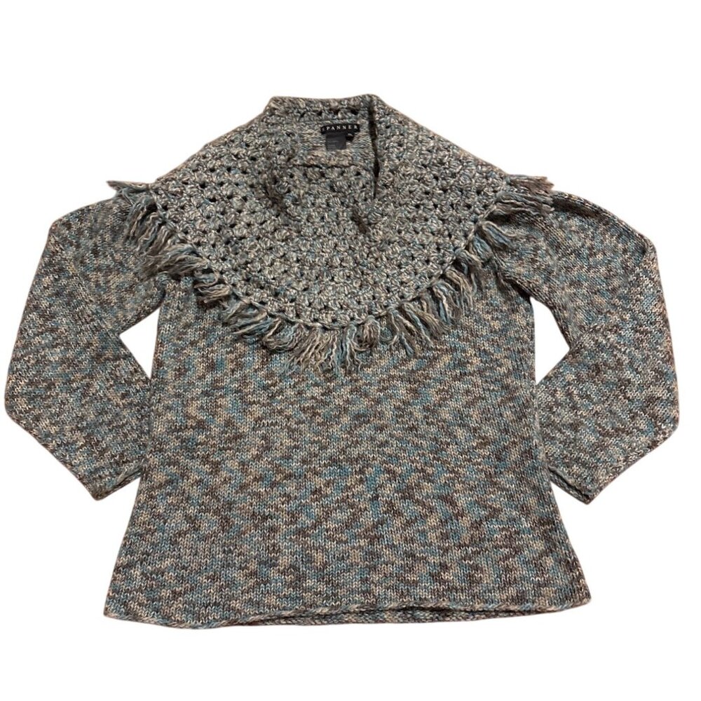 Spanner Sweater XL Crochet Fringe Grey Blue Beige Knit Design
